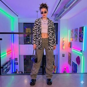 Y2K Funhouse Zebra Print Jacket Womens L Longline Statement Jacket Blazer Retro